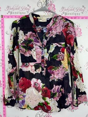 MAGAZINE blouse Floral Henley Blouse - Black with Multicolor Blooms